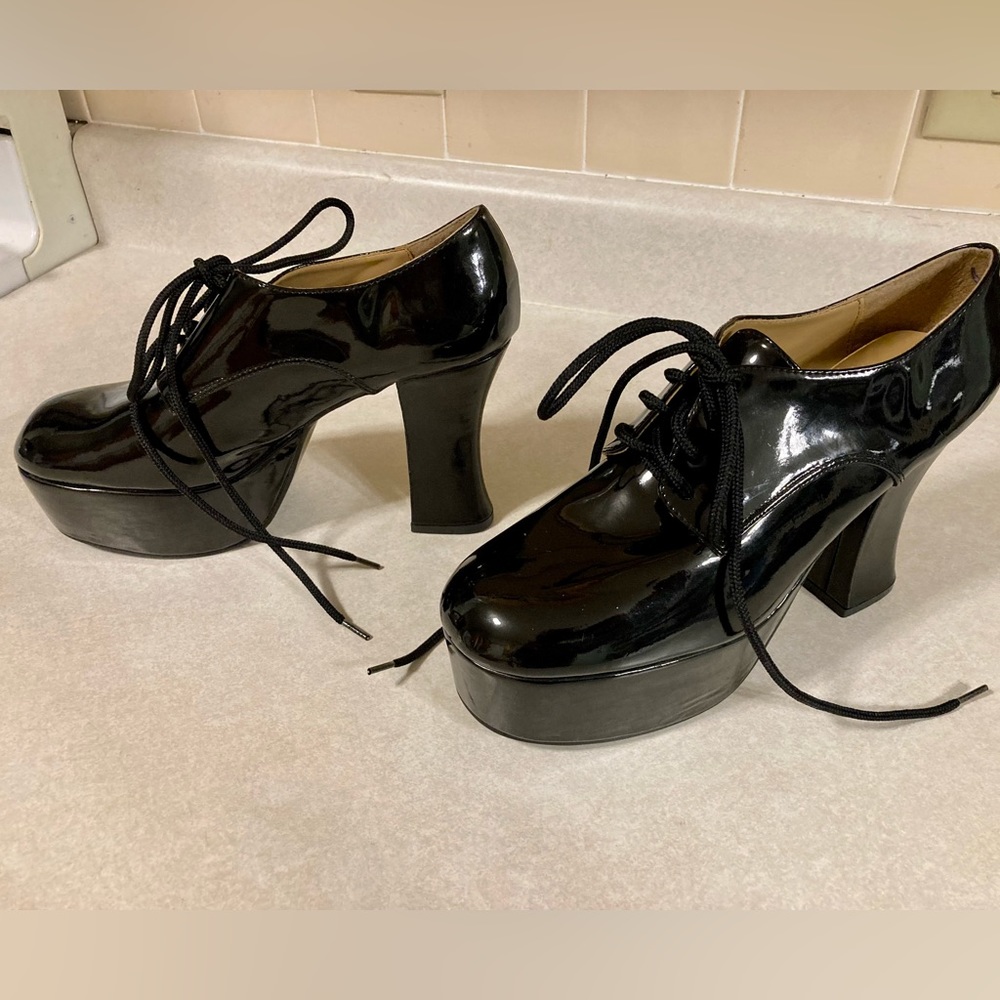Women’s Vintage Demonia black platform “patent leather” (faux) lace-up shoes